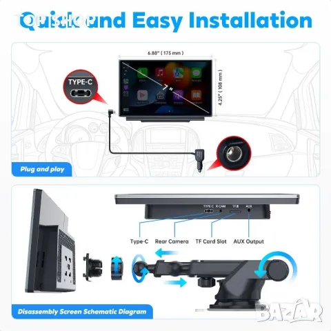 Мултимедия Westods Wireless Apple Carplay & Android Auto, преносим 7" HD IPS екран за кола, GPS нави, снимка 3 - Аксесоари и консумативи - 48875392