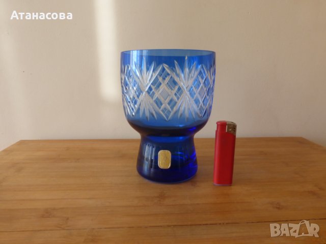Синя кристална ваза дизайн Karin Grigat Германия 1970 г, снимка 1 - Вази - 42359302