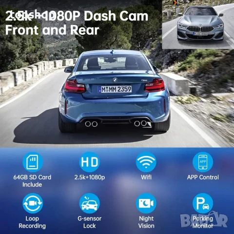 Предна и задна камера А30 Dashcam QHD 2.5K с 64GB 3” IPS WDR Нощно виждане 170° сензор за движение, снимка 2 - Аксесоари и консумативи - 50494849