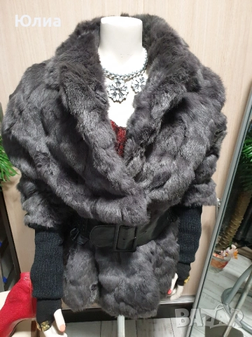 Уникално кожено палто от Заек с плетени ръкави, снимка 2 - Палта, манта - 51687803