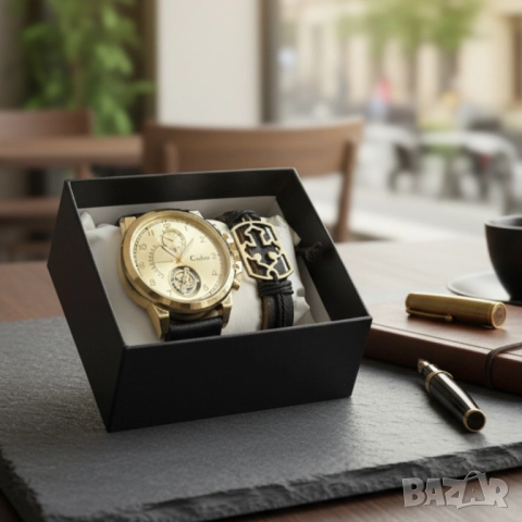 Елегантен мъжки комплект – часовник с черна каишка и гривна с метален щит