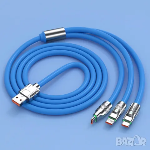 Кабел за зареждане 3 в 1 син до 120W с дължина 1.7 метра, снимка 5 - USB кабели - 55862967