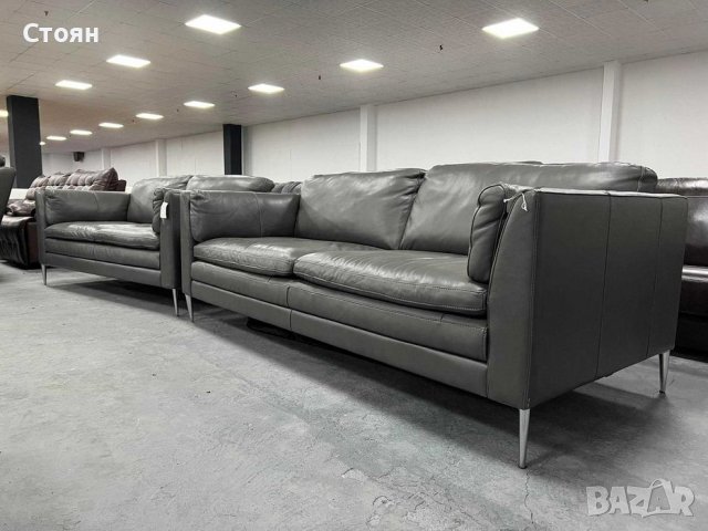 Сиви кожени дивани тройка и двойка - естествена кожа, снимка 7 - Дивани и мека мебел - 37219148