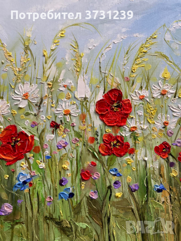 "Полски цветя" - маслени бои, 40/40см. Рамкирана, снимка 4 - Картини - 44710445