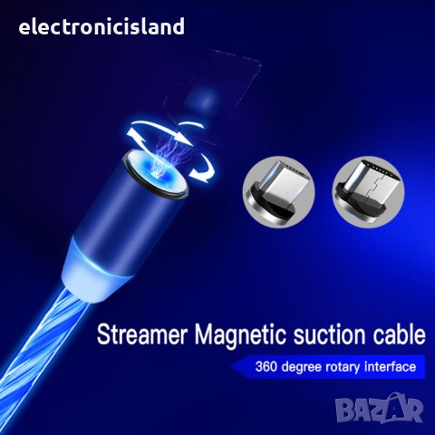 Магнитен светещ LED USB кабел Type-C micro USB Lighting за зареждане на смарт телефон, снимка 3 - USB кабели - 39770640