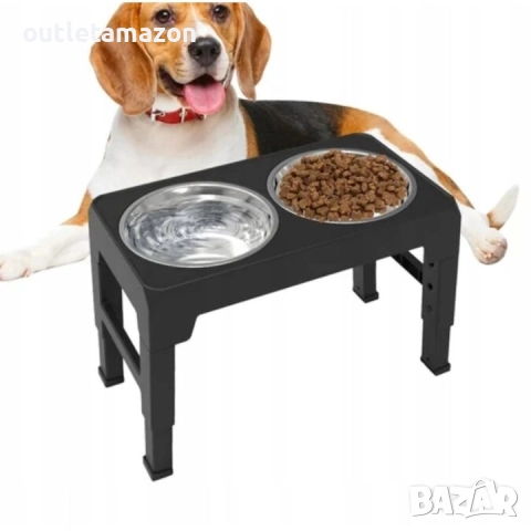 Двойна хранилка за кучета и котки с регулируема стойка, купа от неръждаема стомана 1л,