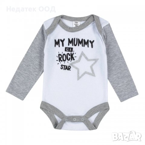 Памучно боди, Рок звезда, 0 - 3 м, Бяло/ сиво