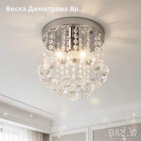 Модерен таванен полилей с големи кристални сфери и основа в сребристо, снимка 2 - Лампи за таван - 52134996