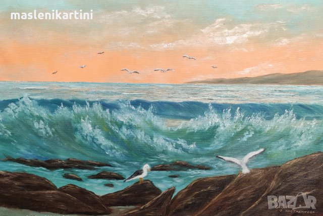 Море и чайки картина с маслени бои, снимка 1 - Картини - 35303807