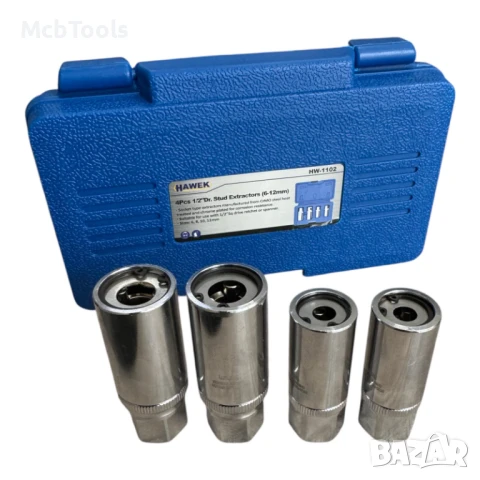 Комплект екстрактори за шпилки 4 части 6-12 мм/ 1/2″ Вложки шпилковадачи Hawek