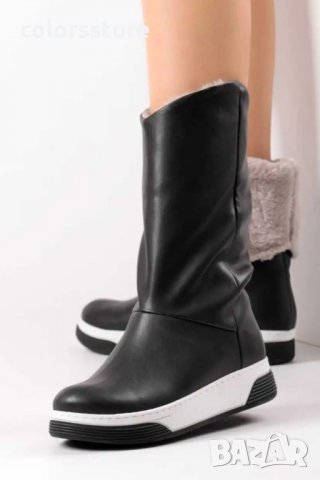 Равни боти - черна кожа със сив пух - ST24