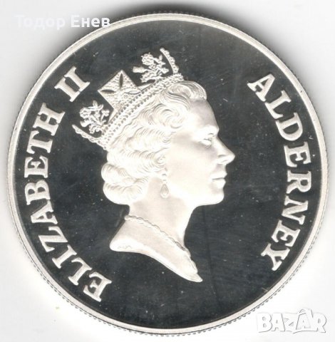 Alderney-5 Pounds-1995-KM# 14a-Queen Mother receiving flower-Silver Proof, снимка 2 - Нумизматика и бонистика - 37297606