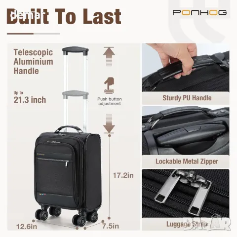 Ponhog 18-инчов куфар за ръчен багаж с колела, лека пътна чанта за мъже и жени, черна, снимка 6 - Куфари - 49526811