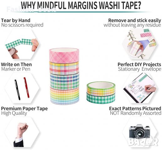 6 ролки декоративнo тиско хартия Washi tape ленти за опаковане занаяти декорация, снимка 7 - Други - 33790323