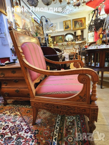 Италианско кресло с дърворезба, снимка 6 - Дивани и мека мебел - 52849479