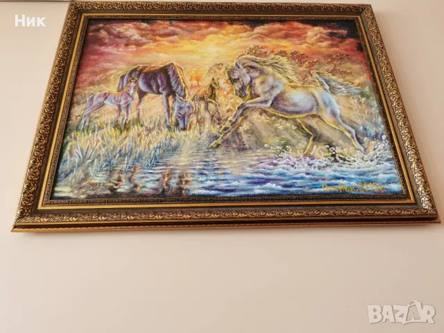 Картина върху платно с маслени бои Среща на коне при залез , снимка 4 - Картини - 49030638