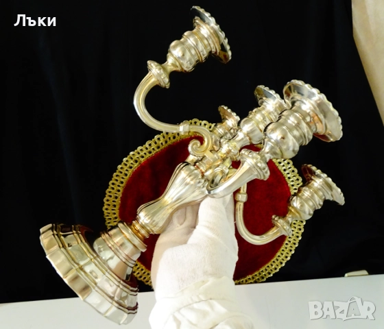 Посребрен свещник петица,1.6 кг.,викториански. , снимка 10 - Антикварни и старинни предмети - 52382080