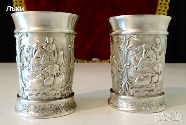 Чаша от калай за ракия със селски картини. , снимка 3 - Антикварни и старинни предмети - 37784021