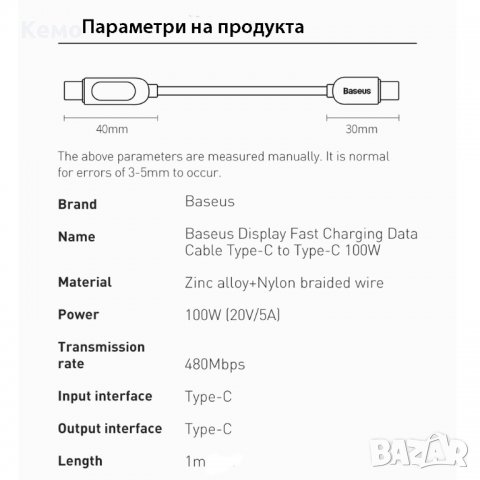 Кабел за зареждане с цифров дисплей Baseus 100W , снимка 8 - USB кабели - 34276344