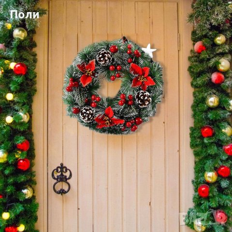 Коледен венец за декорация с шишарки и изкусветни коледни звезди, снимка 3 - Декорация за дома - 42910819