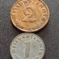 Две монети 1 райхспфенинг 1942г. / 2 райхспфенинг 1938г. Трети райх с СХВАСТИКА редки 31555, снимка 1 - Нумизматика и бонистика - 40649479