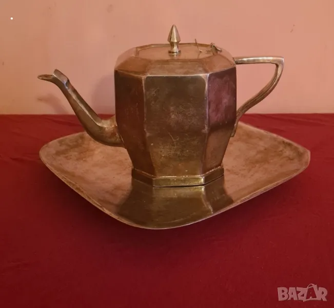Сребърен чайник с табла , снимка 1