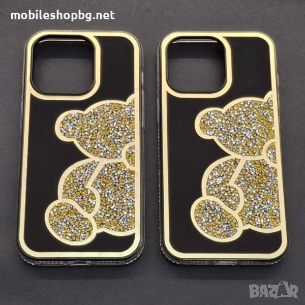 iPhone 14 Pro /iPhone 13 Pro кейс мече с камъчета златист, снимка 1