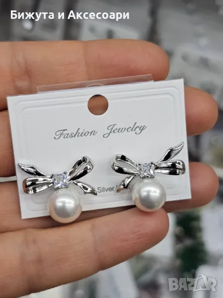 Обеци родий с перли и с кристали - 28425-6, снимка 1