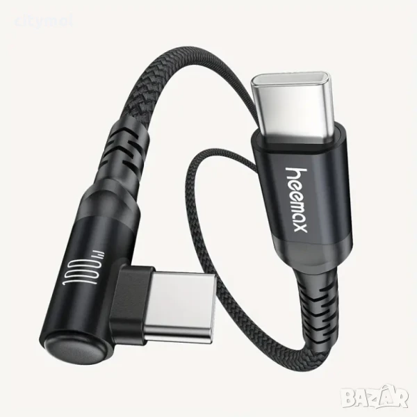 USB Type-C to USB Type-C Charging Cable 100W, найлонова оплетка, 90 градуса глава - 200 см, снимка 1