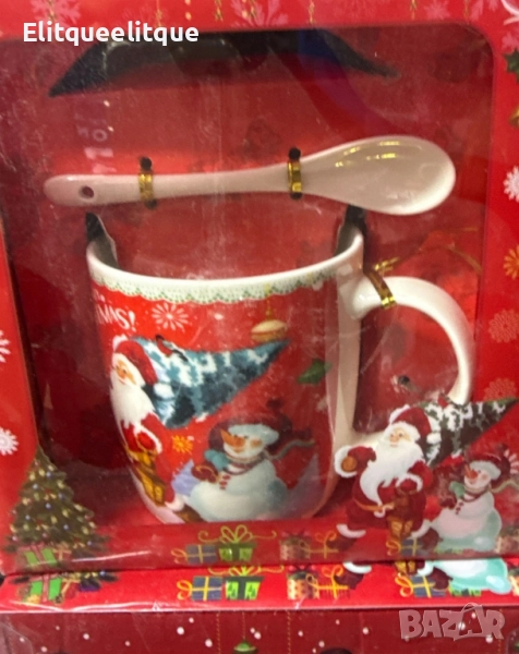 Коледна чаша с чинийка и лъжичка, снимка 1