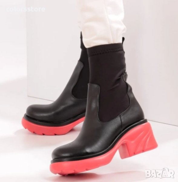 Боти на ток - черна кожа с ходило в коралов цвят - BB1, снимка 1