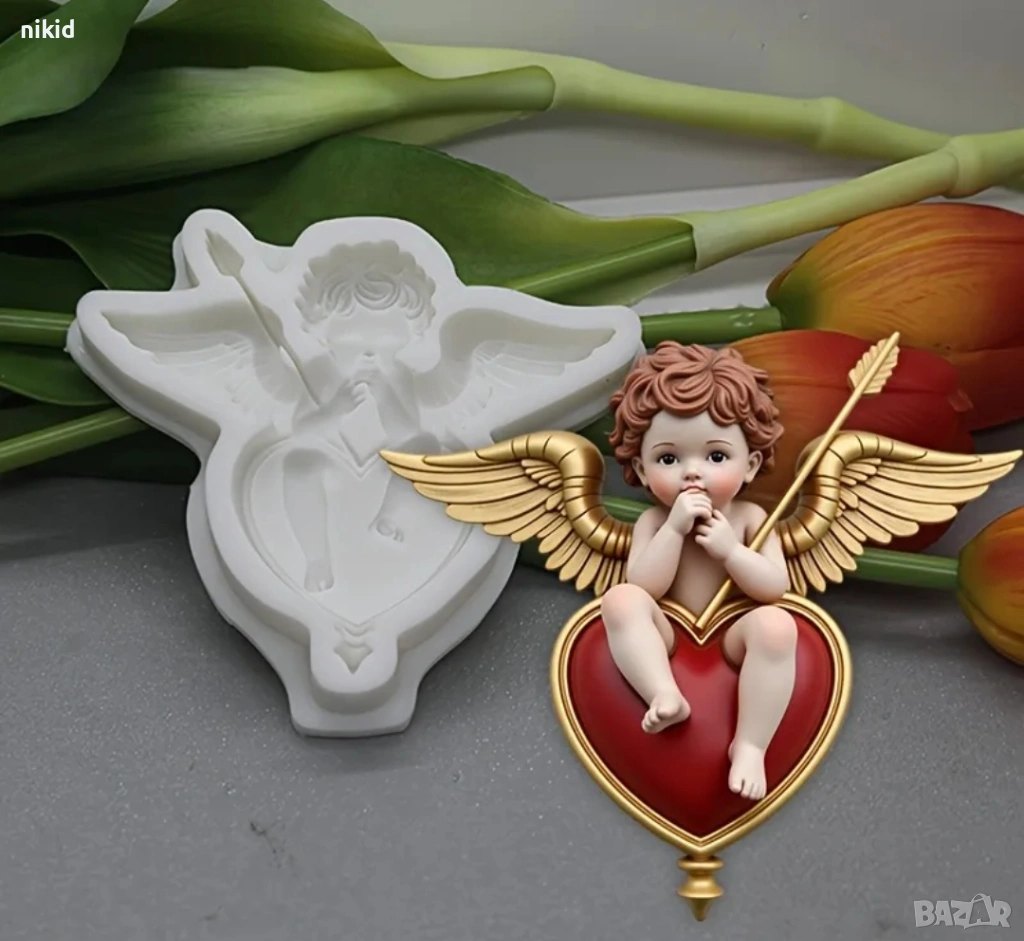 Ангел Купидон с лък върху сърце силиконов молд форма фондан шоколад гипс декор Свети Валентин, снимка 1