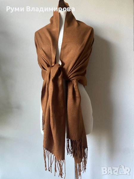 Кафяв, голям Шал от 100 % кашмир, цвят светъл карамел, снимка 1