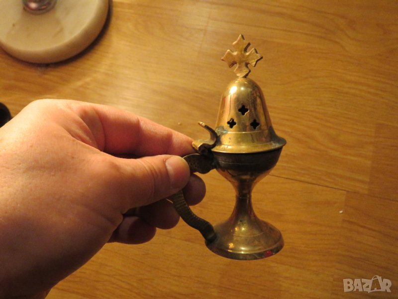 Старинно бронзово кадило, тамянник с дебела патина и кръст  13 см, 1914 г, Царство България - за кол, снимка 1