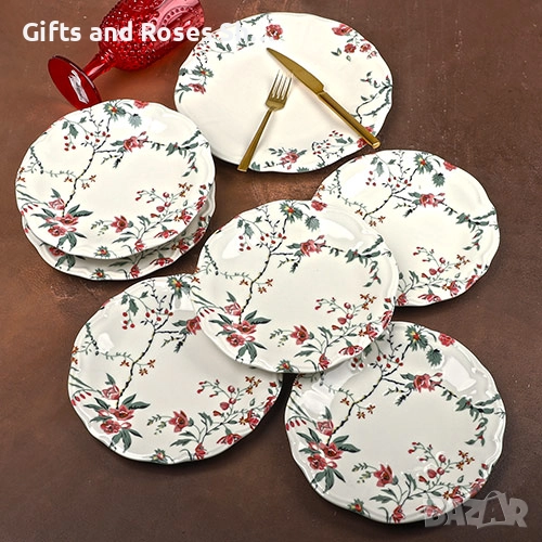 Порцеланов сервиз за торта от 7 части с цветя, снимка 1