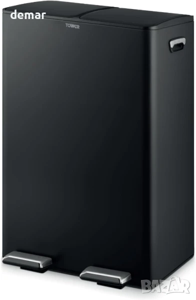 Кош за рециклиране Tower T838023BLK с педал, две отделения по 30 литра, 60 литра, черен, снимка 1