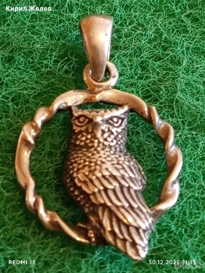 Модерен дизайн сребърна висулка БУХАЛ в ВЕНЕЦ символизира мъдрост и знание 52544, снимка 1