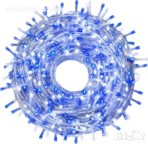Вътрешни и външни коледни лампички 10м LED син+бяла светлина, 8 ефекта