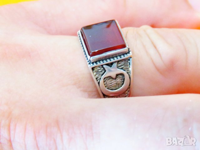 Стар красив мъжки сребърен пръстен, турски пръстен с карнеол и с ГОЛЯМ полумесецът и звездата, т, снимка 5 - Пръстени - 37691989