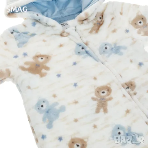 Бебешко поларено боди ромпър Екрю Синьо с дизайн на плюшено мече с качулка S_1231463, снимка 2 - Бебешки гащеризони - 49897179