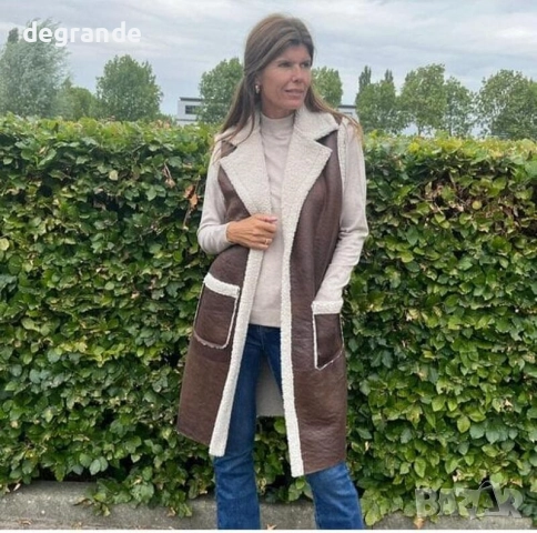 Дълъг кожен елек с каракул, снимка 2 - Елеци - 52624266