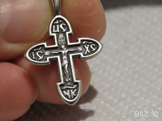 сребърен кръст разпятие  православен кръст с Исус и надпис  на гърба Спаси и сохрани, снимка 2 - Колиета, медальони, синджири - 31930395