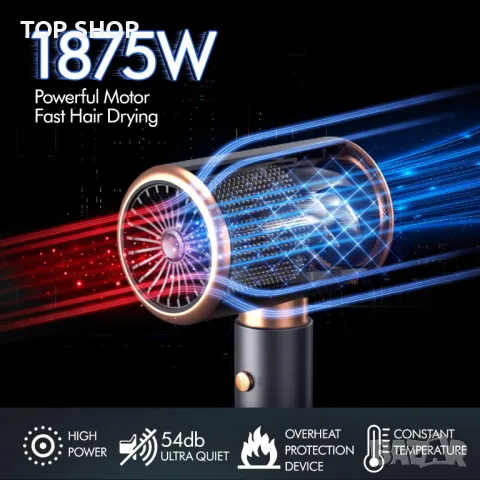 Преносим йонен сешоар с дифузер и концентрирана пръскаща глава,Бързо изсъхване,сив+златен акцент, снимка 4 - Сешоари - 48765243