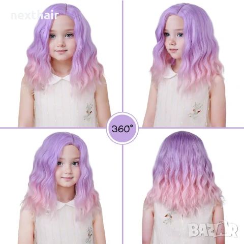 Детска къса чуплива перука лилаво розово омбре на път, снимка 11 - Други - 50837904