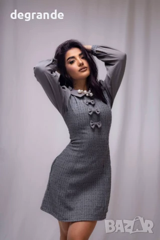 Рокля букле с панделки в сиво, снимка 4 - Рокли - 50907986