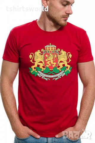 Нова мъжка червена тениска с релефен трансферен печат Герб на България, снимка 1 - Тениски - 29889507