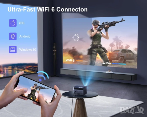 Видеопроектор Wimius, P64 WiFi Bluetooth Full HD 1080P, 600 ANSI лумена, 4K видео, WiFi-6, 300 инча , снимка 6 - Плейъри, домашно кино, прожектори - 54241155
