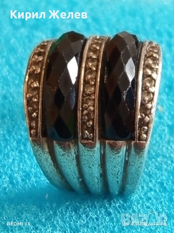 Сребърен пръстен тип халка с черен ОНИКС и малки диаманти 28660, снимка 5 - Пръстени - 54025955