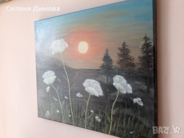 Бели макове, маслени бои, снимка 5 - Картини - 54330869