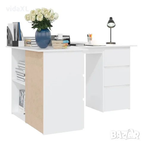 vidaXL Ъглово бюро, бяло, 145x100x76 см, инженерно дърво, снимка 5 - Бюра - 56147725